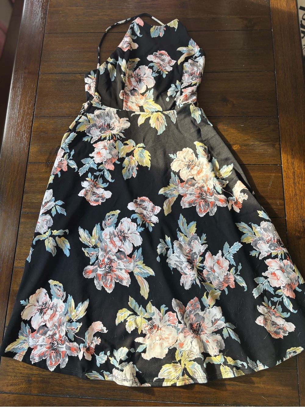 Floral Halter A-Line Dress in Black with Pastel Blooms